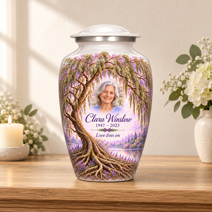 Lavender Willow Tree of Life adult urn with sample photo and text displayed on a memorial console