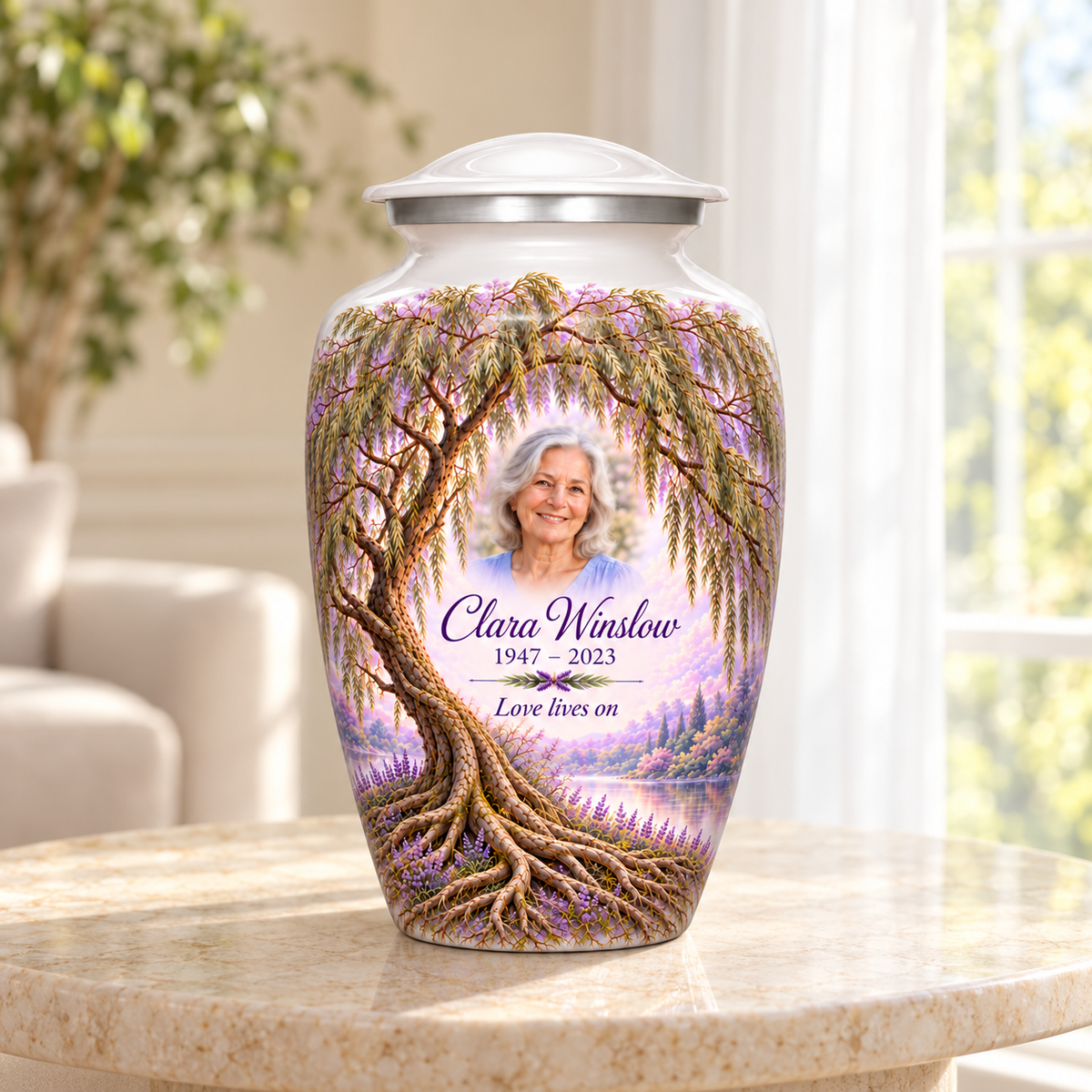 Lavender Willow Tree of Life adult urn with sample photo and text displayed in a sunlit home