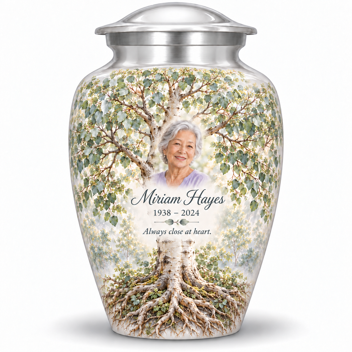 Gray Tree of Life adult urn with silver aspen artwork and a borderless sample portrait