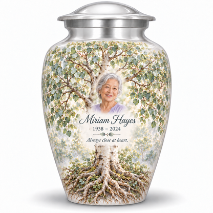 Gray Tree of Life adult urn with silver aspen artwork and a borderless sample portrait