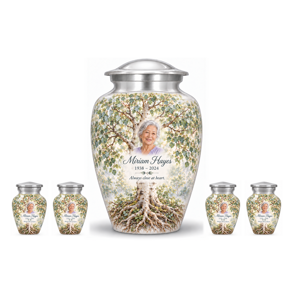 One Silver Aspen Tree of Life adult urn with four matching keepsake urns, sample photo and text, on a white background
