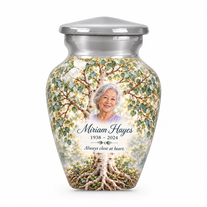 Matching gray Tree of Life keepsake urn with silver aspen artwork, sample photo and text