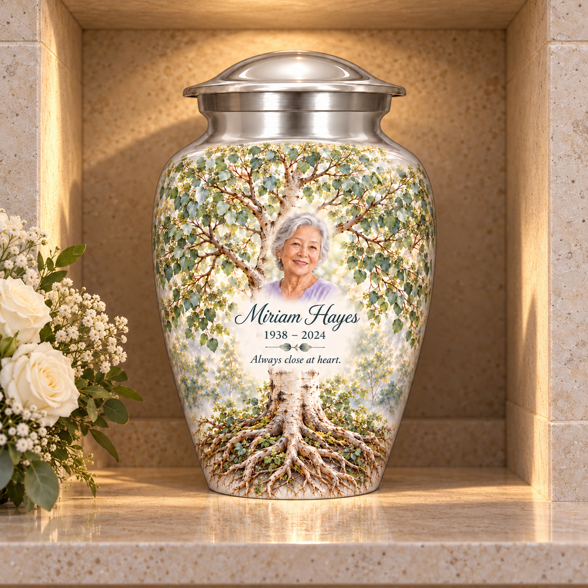 Silver Aspen Tree of Life adult urn with sample photo and text displayed in a columbarium niche