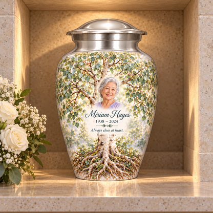 Silver Aspen Tree of Life adult urn with sample photo and text displayed in a columbarium niche