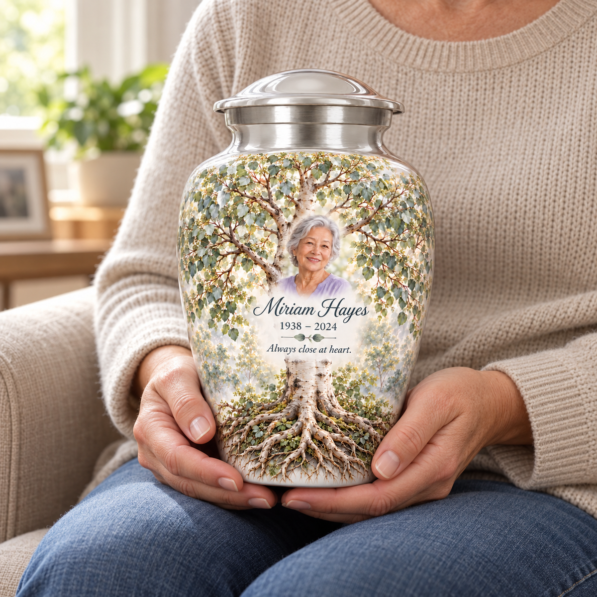Silver Aspen Tree of Life adult urn with sample photo and text held upright on a seated person’s lap