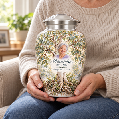 Silver Aspen Tree of Life adult urn with sample photo and text held upright on a seated person’s lap