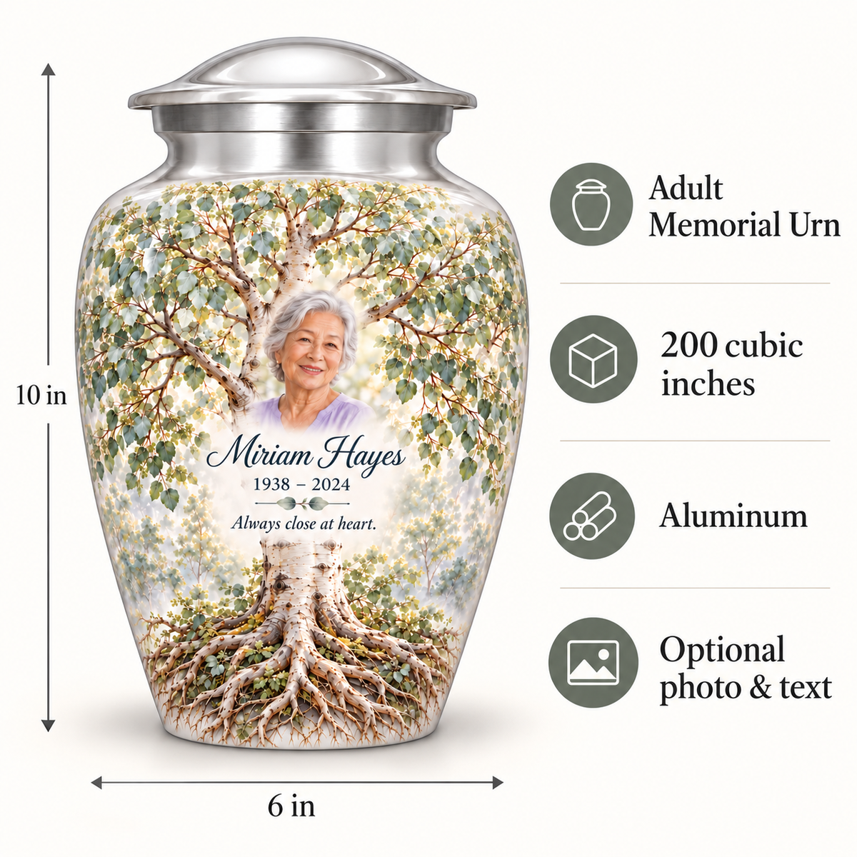 Silver Aspen Tree of Life adult urn size guide showing 10-inch height, 6-inch width, 200-cubic-inch capacity and Aluminum material