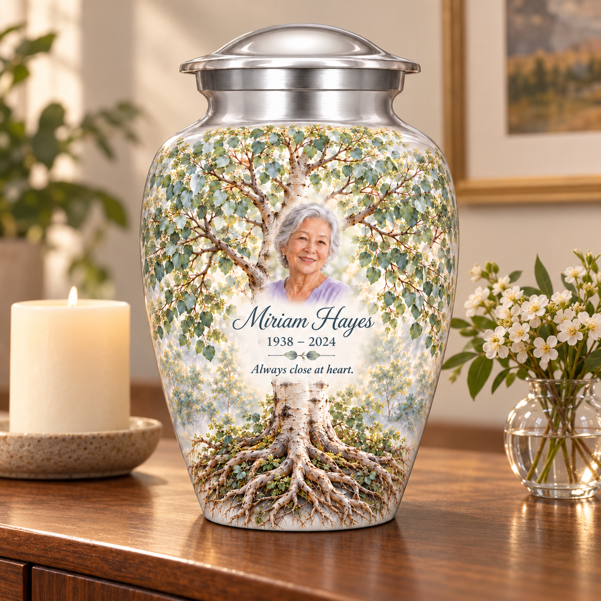 Silver Aspen Tree of Life adult urn with sample photo and text displayed on a memorial console