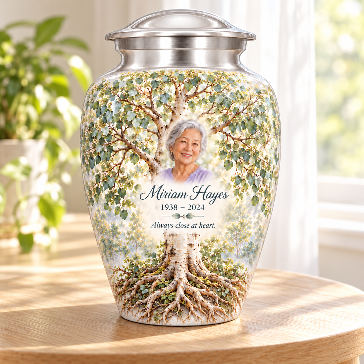 Silver Aspen Tree of Life adult urn with sample photo and text displayed in a sunlit home
