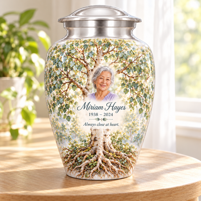 Silver Aspen Tree of Life adult urn with sample photo and text displayed in a sunlit home