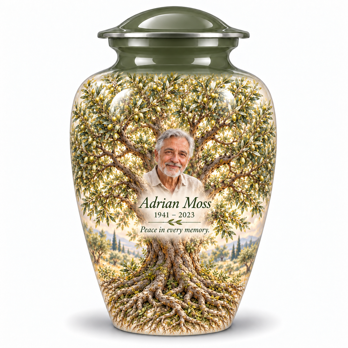 Green Tree of Life adult urn with green olive artwork and a borderless sample portrait
