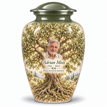 Green Tree of Life adult urn with green olive artwork and a borderless sample portrait