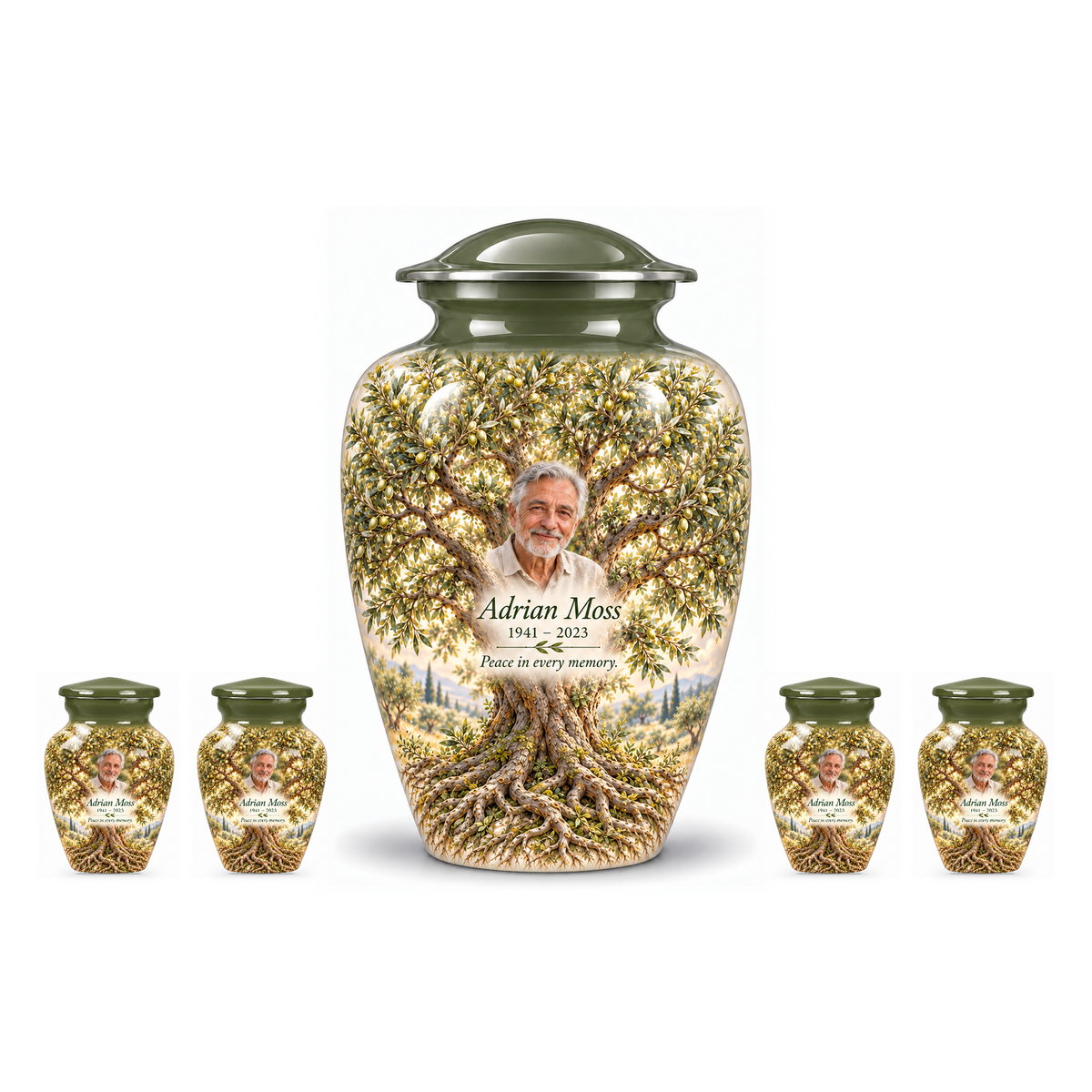 One Green Olive Tree of Life adult urn with four matching keepsake urns, sample photo and text, on a white background
