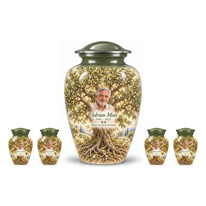 One Green Olive Tree of Life adult urn with four matching keepsake urns, sample photo and text, on a white background