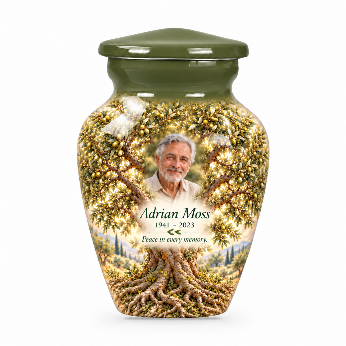 Matching green Tree of Life keepsake urn with green olive artwork, sample photo and text