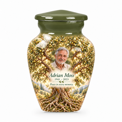 Matching green Tree of Life keepsake urn with green olive artwork, sample photo and text