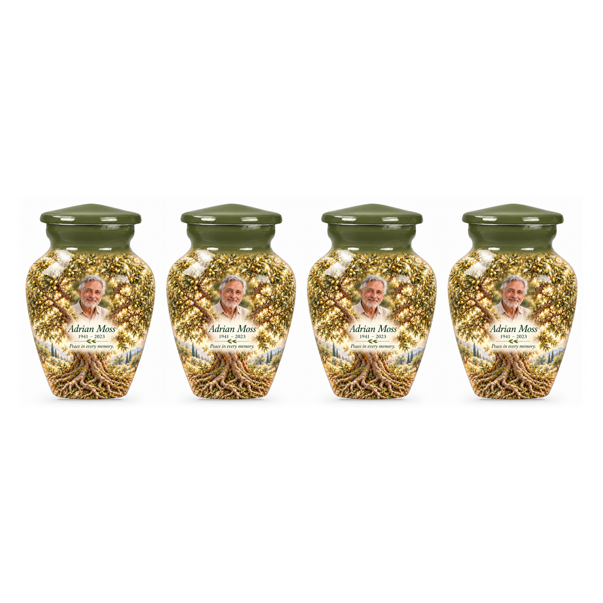 Four matching Green Olive Tree of Life keepsake urns with sample photo and text on a white background