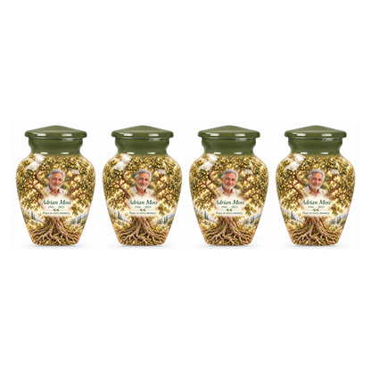 Four matching Green Olive Tree of Life keepsake urns with sample photo and text on a white background