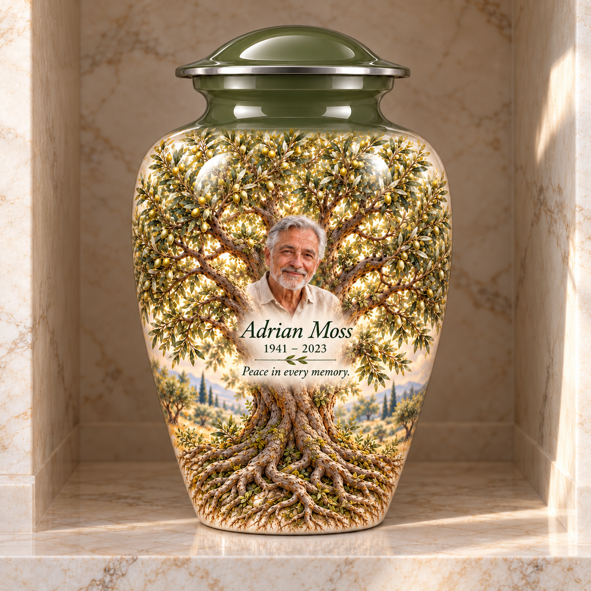 Green Olive Tree of Life adult urn with sample photo and text displayed in a columbarium niche