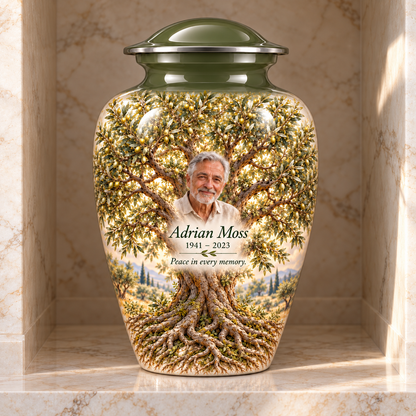 Green Olive Tree of Life adult urn with sample photo and text displayed in a columbarium niche