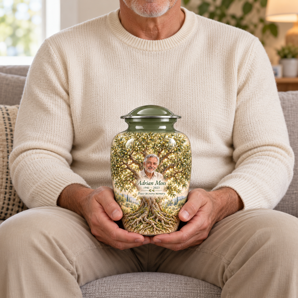 Green Olive Tree of Life adult urn with sample photo and text held upright on a seated person’s lap