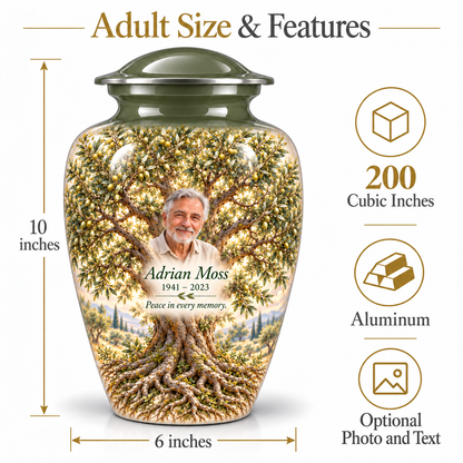 Green Olive Tree of Life adult urn size guide showing 10-inch height, 6-inch width, 200-cubic-inch capacity and Aluminum material