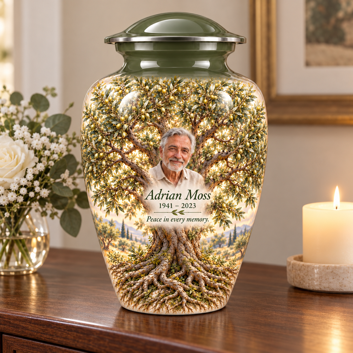 Green Olive Tree of Life adult urn with sample photo and text displayed on a memorial console