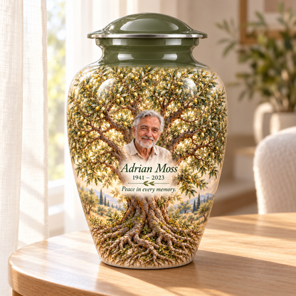 Green Olive Tree of Life adult urn with sample photo and text displayed in a sunlit home
