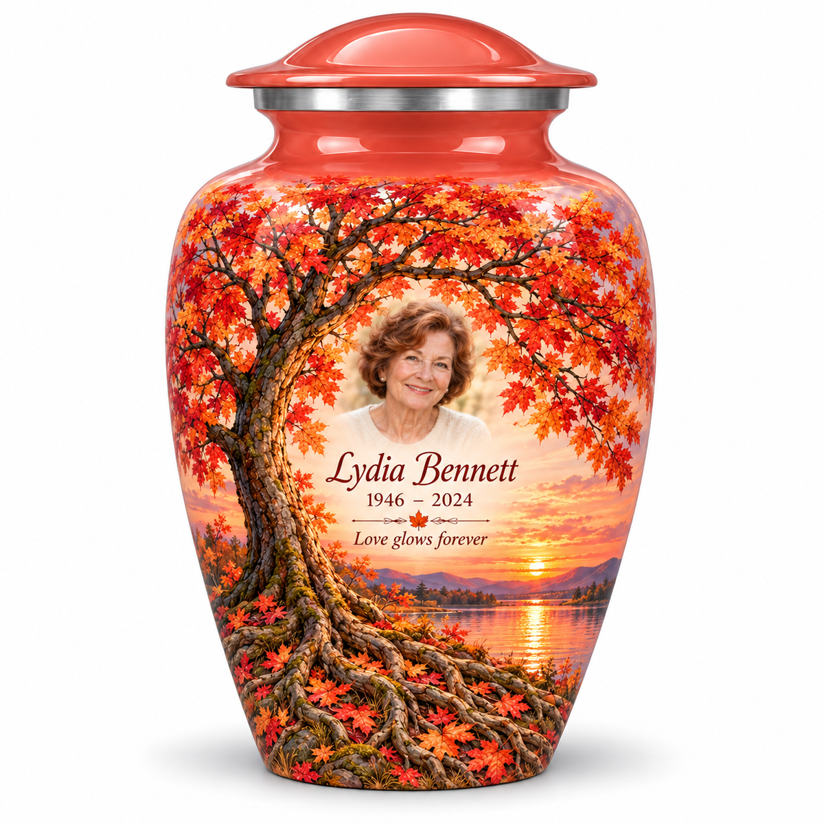 Orange Tree of Life adult urn with coral sunset maple artwork and a borderless sample portrait