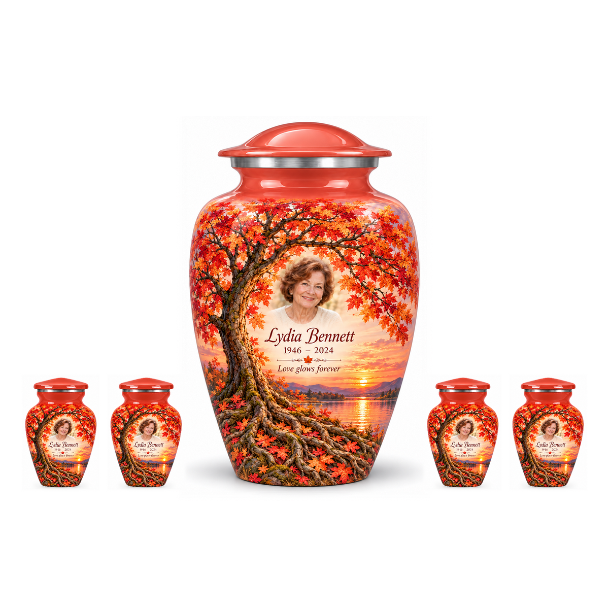 One Coral Sunset Maple Tree of Life adult urn with four matching keepsake urns, sample photo and text, on a white background