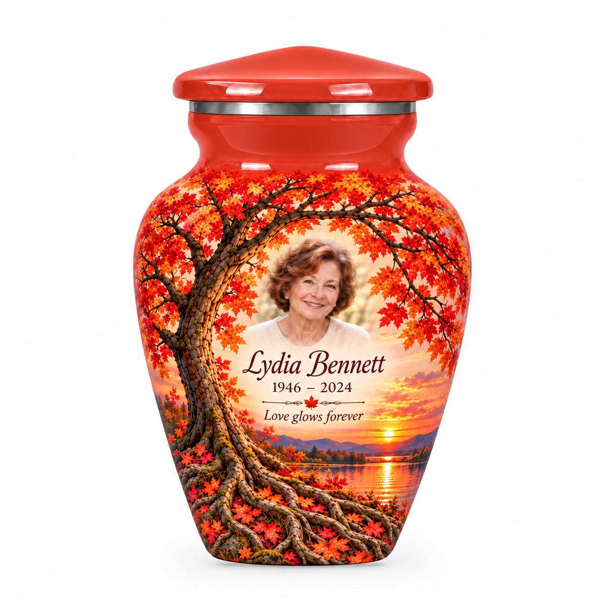 Matching orange Tree of Life keepsake urn with coral sunset maple artwork, sample photo and text
