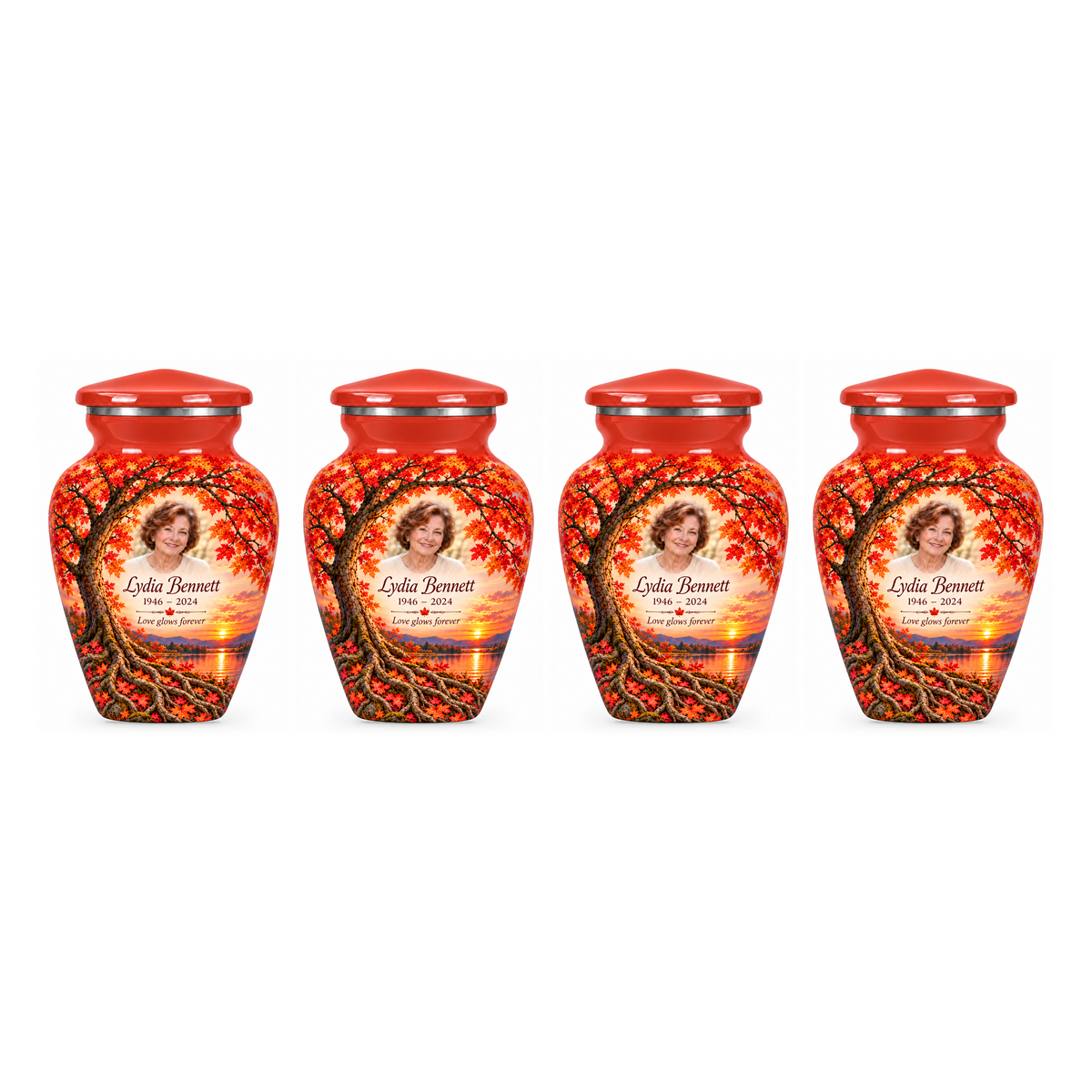 Four matching Coral Sunset Maple Tree of Life keepsake urns with sample photo and text on a white background