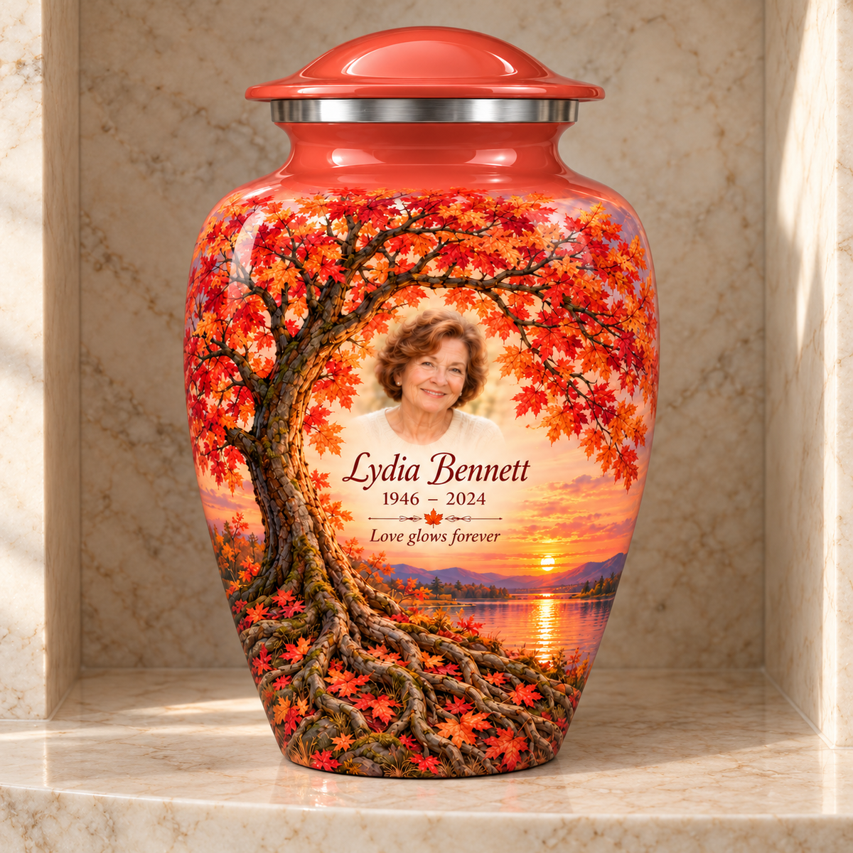 Coral Sunset Maple Tree of Life adult urn with sample photo and text displayed in a columbarium niche