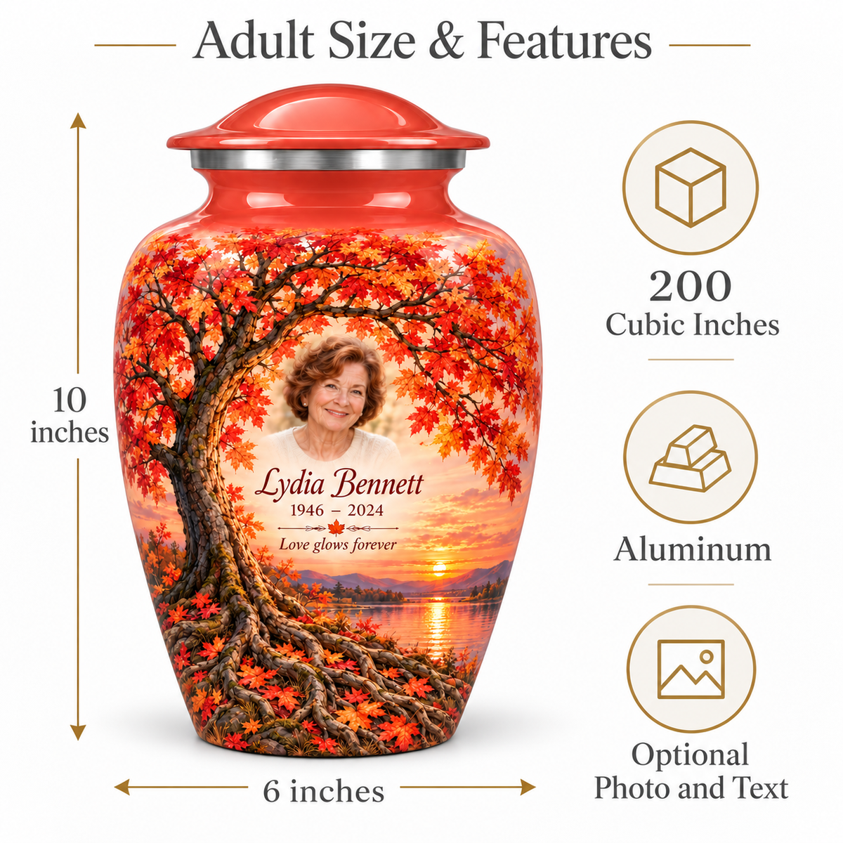 Coral Sunset Maple Tree of Life adult urn size guide showing 10-inch height, 6-inch width, 200-cubic-inch capacity and Aluminum material