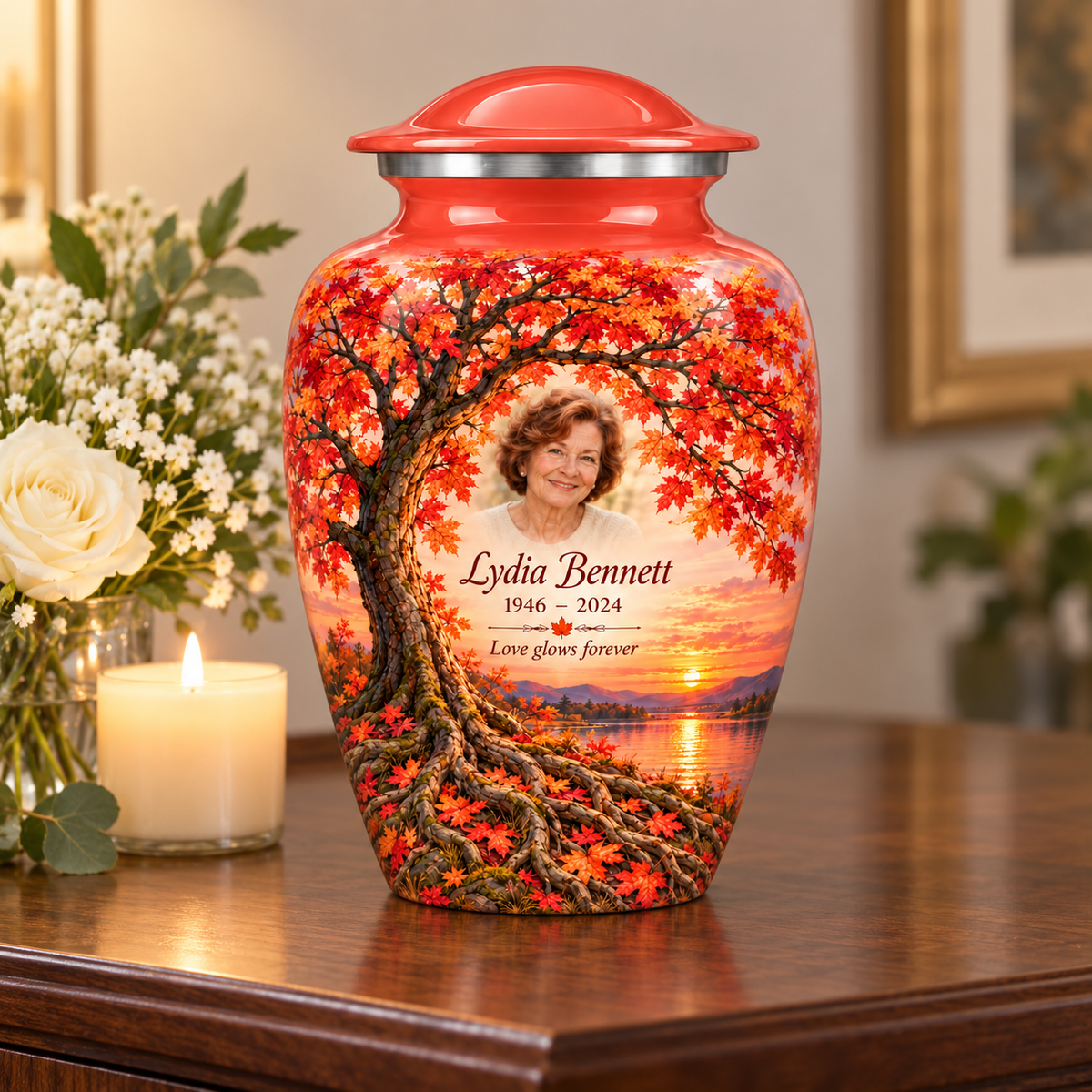 Coral Sunset Maple Tree of Life adult urn with sample photo and text displayed on a memorial console