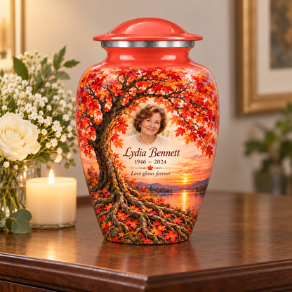 Coral Sunset Maple Tree of Life adult urn with sample photo and text displayed on a memorial console