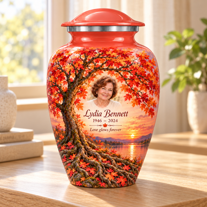 Coral Sunset Maple Tree of Life adult urn with sample photo and text displayed in a sunlit home