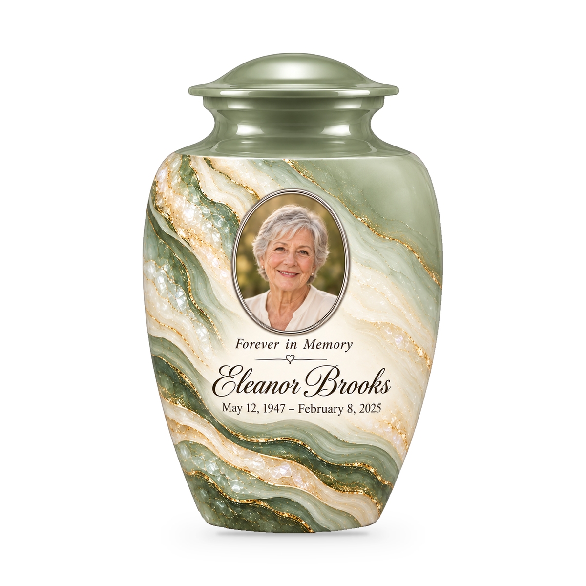 Sage Cascade adult urn with diagonal green and cream ribbons, gold-tone accents and sample portrait, name and dates.