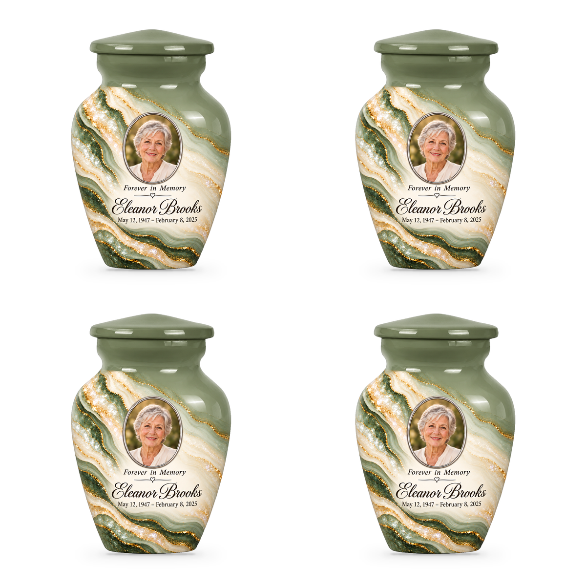 Four matching Sage Cascade keepsake urns with sample portrait, name and dates.
