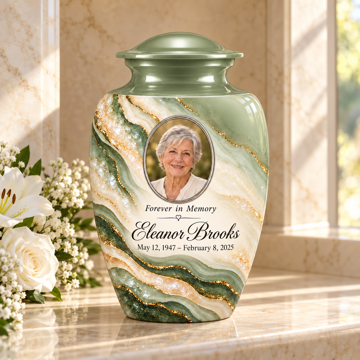 Sage Cascade personalized adult urn in a stone columbarium niche.