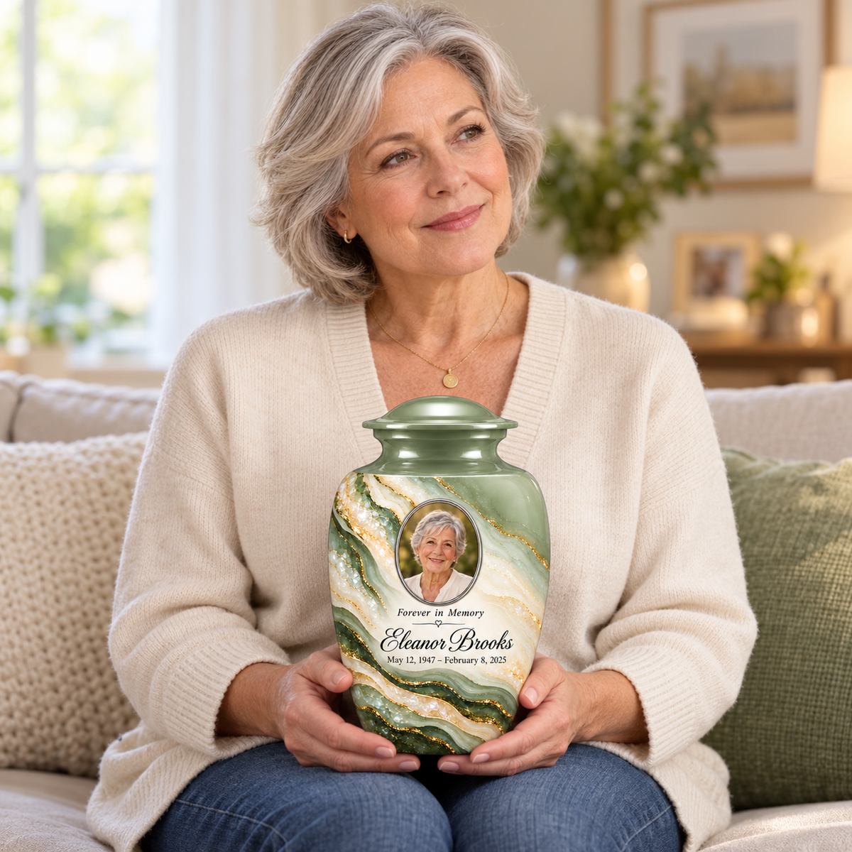 An adult holds the Sage Cascade photo urn on their lap, showing its scale.