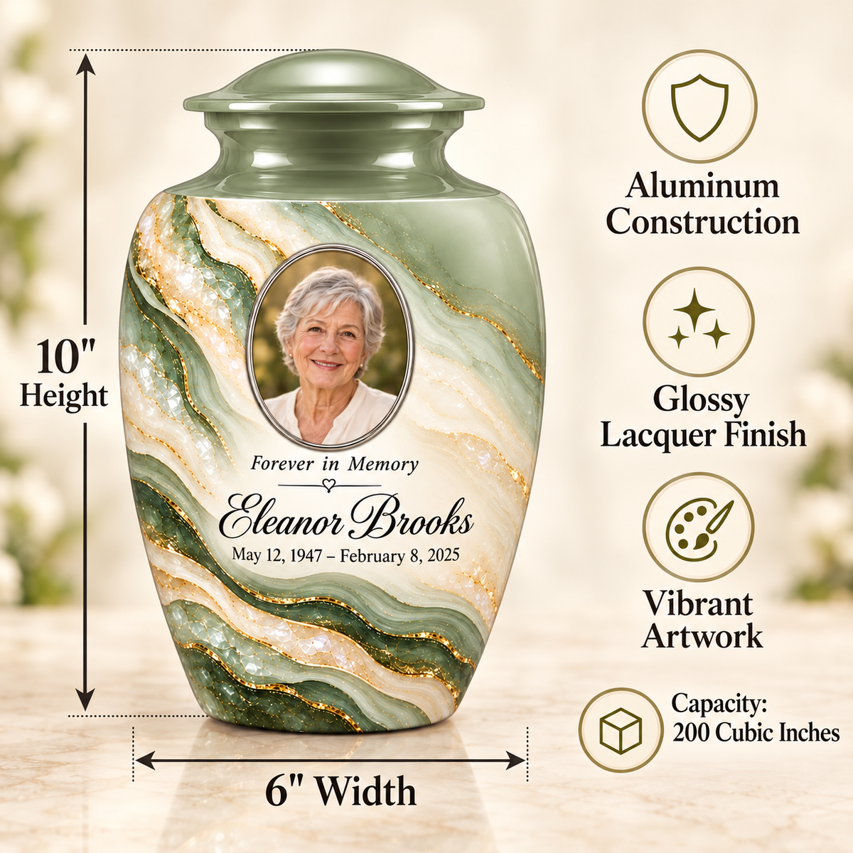 Sage Cascade adult urn size guide: 10 inches high, 6 inches wide and 200 cubic inches.