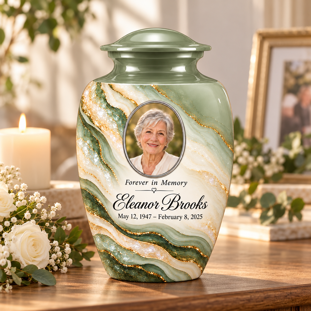 Sage Cascade adult urn on a memorial console beside a candle and flowers.