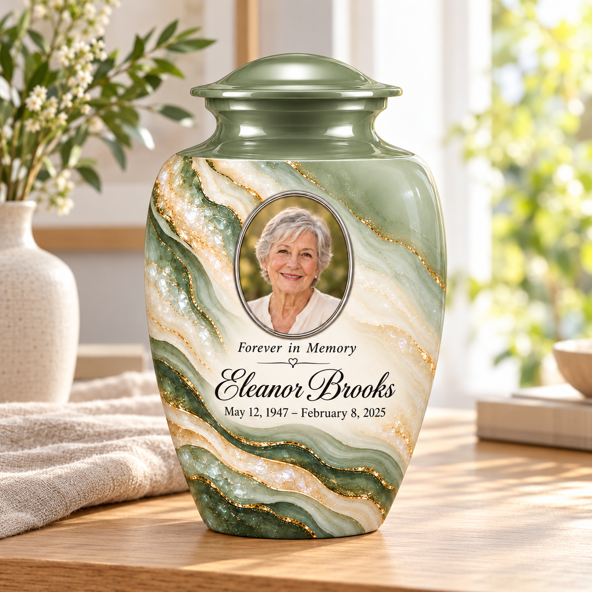 Sage Cascade personalized adult urn on a wood sideboard in a sunlit home.