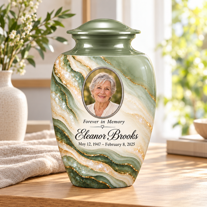 Sage Cascade personalized adult urn on a wood sideboard in a sunlit home.