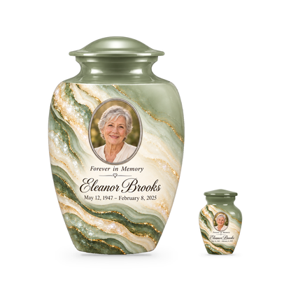 Sage Cascade set with one adult urn and one smaller keepsake, with matching sample personalization.