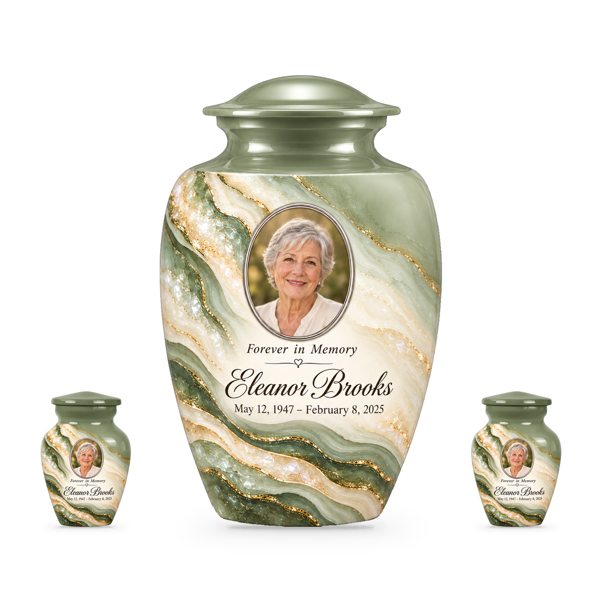 Sage Cascade set with one adult urn and two smaller keepsakes, with matching sample personalization.