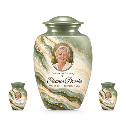 Sage Cascade set with one adult urn and two smaller keepsakes, with matching sample personalization.