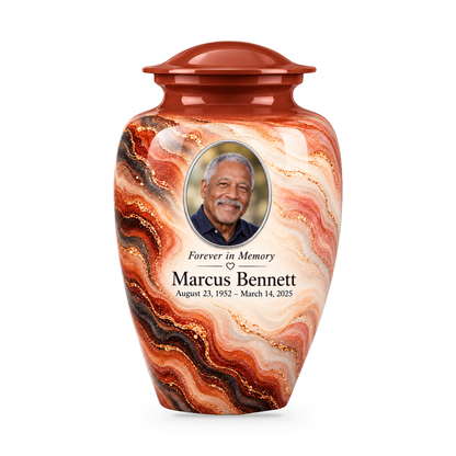 Copper Ember terracotta, charcoal and cream swirl adult urn with sample portrait, name and dates.