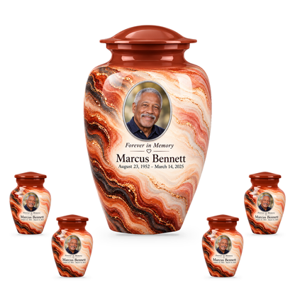 Copper Ember set with one adult urn and four smaller keepsakes, with matching sample personalization.
